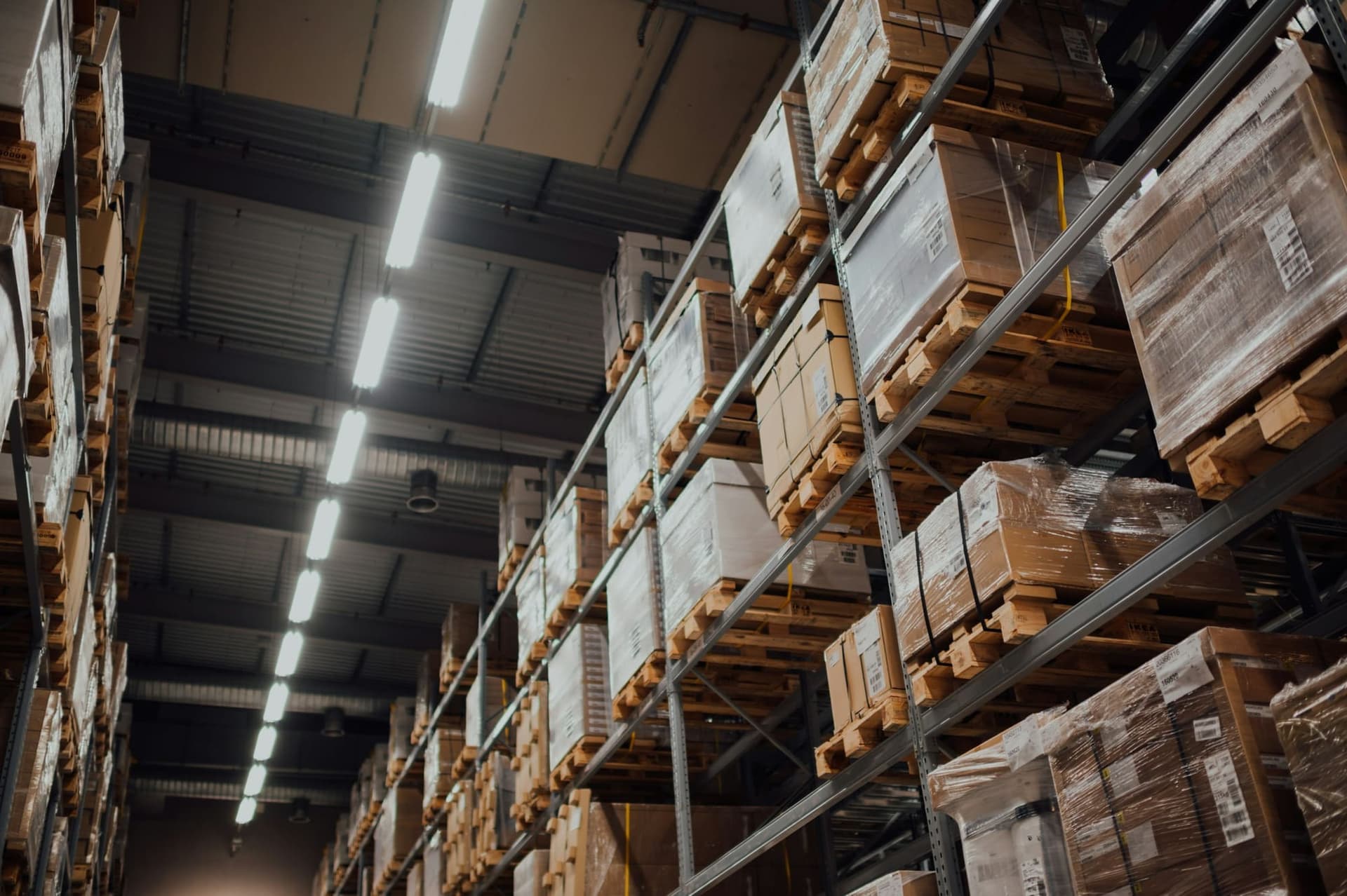 Cartons stored on pallet racking in a warehouse